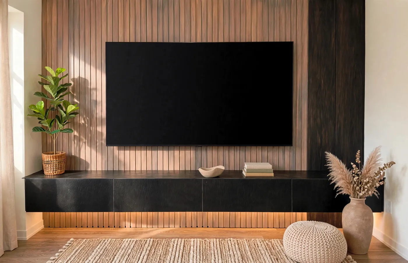 Wood slat media wall with a mounted TV and a black floating console with under-lighting
